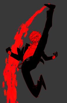 Rule 34 | 1boy, attack, belt, clenched hands, clenched teeth, curly eyebrows, facial hair, formal clothes, full body, hair over one eye, hashtag-only commentary, highres, leg up, looking at viewer, male focus, mrjieshisu, mustache, one piece, sanji (one piece), short hair, simple background, solo, suit, teeth