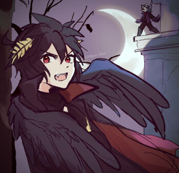 2boys ahoge angel angel_wings black_hair dark_pit fangs halloween highres howling kid_icarus kid_icarus_uprising kyashii_(cathyyy_illust) laurel_crown looking_at_viewer male_focus moon multiple_boys night night_sky nintendo open_mouth red_eyes sky sparkle star_fox super_smash_bros. twitter_username wings wolf_o&#039;donnell