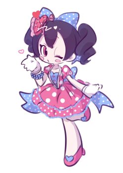 1girl absurdres aoiyuuna_811 black_hair bow commentary_request disneyland dress gloves hair_bow highres humanization looking_at_viewer mickey_mouse_&amp;_friends minnie_mouse open_mouth polka_dot polka_dot_bow polka_dot_dress short_hair smile solo twintails white_gloves