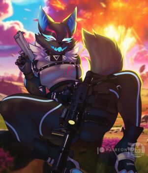 1girl 2024 animal_ears black_fur blue_sky breasts cloud epic_games eyebrows eyelashes female_focus fortnite fur fur_trim furry furry_female gun half-closed_eye highwire_(fortnite) holding holding_weapon looking_at_viewer markings medium_breasts one_eye_closed open_mouth pack_leader_highwire patreon personification pink_eyes purrynx ranged_weapon sitting sky smile solo spread_legs sunlight tail tail_raised thick_thighs thighs tight_clothes tree weapon white_fur wide_hips wolf wolf_ears wolf_girl wolf_tail