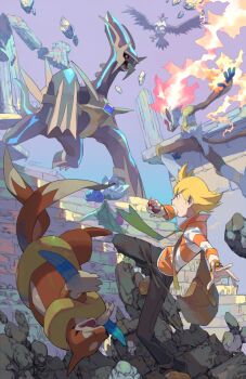 1boy bag barry_(pokemon) black_sclera blonde_hair colored_sclera commentary dialga e_volution fire floatzel gen_4_pokemon holding holding_poke_ball infernape legendary_pokemon long_sleeves nintendo open_mouth outdoors pants pillar poke_ball poke_ball_(basic) pokemon pokemon_(creature) pokemon_dppt pokemon_platinum red_eyes rock roserade shoulder_bag staraptor striped