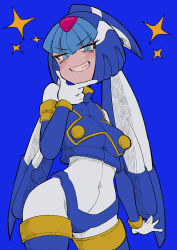 Rule 34 | 1girl, absurdres, android, armor, blue armor, blue background, blue eyes, blue helmet, blue sleeves, blush, bodysuit, breasts, buzzlyears, crop top, crotch plate, detached sleeves, fairy leviathan (mega man), forehead jewel, grin, helmet, highres, looking at viewer, medium breasts, mega man (series), mega man zero (series), smile, solo, teeth, thighhighs, vest, white bodysuit