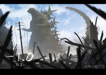 blue_sky building claws cloud cloudy_sky day debris destruction dust giant giant_monster godzilla godzilla_(series) godzilla_minus_one kaiju monster no_humans power_lines realistic rebar rubble sky smoke spikes suttoko tail teeth thick_thighs thighs toho