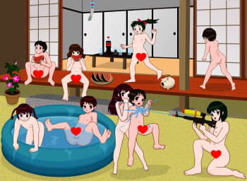 4boys 5girls all_fours ass barefoot black_eyes blush bottle braid breasts brown_hair carrying carrying_person censored collarbone cup drink drinking_glass eating flat_chest flower food fruit green_hair hair_ribbon heart heart_censor holding holding_food holding_fruit holding_water_gun holding_watermelon inflatable_pool loli long_hair looking_at_viewer multiple_boys multiple_girls navel neko_no_kimagure nipples nude on_one_knee open_mouth original penis piggy_bank pink_flower plant plate ponytail pool porch potted_plant pussy red_ribbon ribbon running short_hair shota sitting sliding_doors small_breasts smile soda soda_bottle spread_legs standing table testicles twin_braids water water_gun watermelon watermelon_slice wet wind_chime