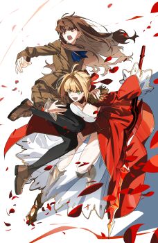 2girls absurdres aestus_estus ahoge armored_boots black_pantyhose blonde_hair blue_bow blue_bowtie boots bow bowtie braid breast_press breasts brown_eyes brown_hair brown_jacket brown_shoes brown_skirt bun_with_braided_base commentary epaulettes falling_petals fate/extra fate_(series) full_body green_eyes hair_between_eyes hair_intakes hair_ribbon hand_on_another&#039;s_leg hand_on_another&#039;s_shoulder highres holding holding_sword holding_weapon jacket kishinami_hakuno_(female) leotard lifting_person light_blush long_hair long_sleeves looking_ahead lower_teeth_only multiple_girls nero_claudius_(fate) nero_claudius_(fate/extra) open_mouth outstretched_arm pantyhose petals pleated_skirt qkqajrwk red_ribbon red_shrug red_skirt ribbon school_uniform see-through_clothes see-through_skirt shoes showgirl_skirt shrug_(clothing) simple_background skirt smile standing standing_on_one_leg sword symbol-only_commentary teeth tsukumihara_academy_uniform_(fate/extra) upper_teeth_only v-shaped_eyebrows weapon white_background white_leotard wind