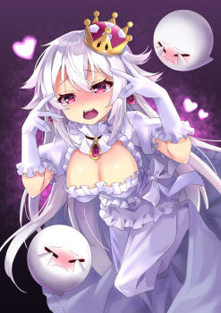 1girl blush boo_(mario) breasts brooch cleavage collar commentary_request crown double_v dress earrings frilled_collar frilled_dress frilled_gloves frills full-face_blush gloves heart highres jewelry large_breasts long_hair luigi&#039;s_mansion mario_(series) mini_crown new_super_mario_bros._u_deluxe nintendo open_mouth princess_king_boo puffy_short_sleeves puffy_sleeves purple_eyes sharp_teeth short_sleeves solo_focus super_crown tearing_up tears teeth tilted_headwear v very_long_hair white_gloves white_hair xuan_chu