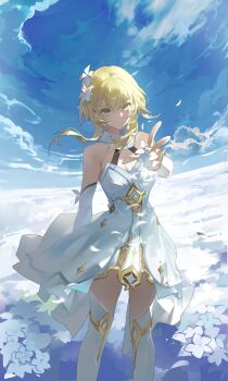 1girl absurdres bare_shoulders blonde_hair breasts buri04660072364 cleavage dress flower genshin_impact hair_flower hair_ornament highres looking_at_viewer lumine_(genshin_impact) outdoors outstretched_hand romper scarf short_hair_with_long_locks sky solo thighhighs white_dress white_flower white_romper white_scarf white_thighhighs yellow_eyes