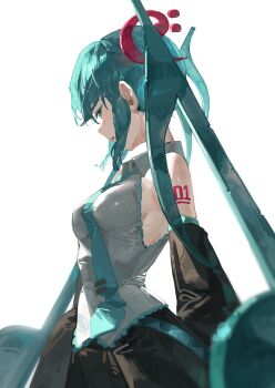 1girl absurdres aqua_eyes aqua_hair aqua_necktie bare_shoulders black_sleeves breasts commentary detached_sleeves grey_shirt hatsune_miku highres long_hair medium_breasts musical_note necktie number_tattoo open_mouth profile sentter shirt simple_background sleeveless sleeveless_shirt solo tattoo twintails untranslatable_commentary vocaloid white_background