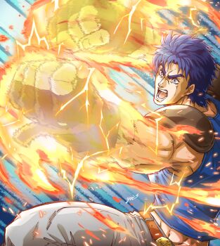1boy absurdres armor attack belt belt_buckle blue_eyes blue_hair blue_tank_top buckle clenched_hand commentary_request electricity fingerless_gloves fire gloves grey_pants hamon highres incoming_attack jojo_no_kimyou_na_bouken jonathan_joestar male_focus messy_hair muscular muscular_male open_mouth orange_belt pants phantom_blood punching short_hair shoulder_armor signature solo tank_top teeth yui_fightpaint