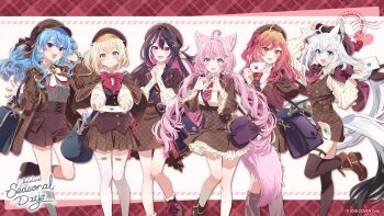 6+girls :d absurdres ahoge aiguillette alternate_costume animal_ear_fluff animal_ears asymmetrical_sidelocks azki_(hololive) bag beret black_hair blonde_hair blue_eyes blue_hair boots bow bowtie braid brown_boots brown_capelet brown_dress brown_hat brown_jacket brown_skirt brown_vest buttons capelet closed_mouth collared_shirt colored_inner_hair commentary_request copyright_notice cropped_jacket crossed_bangs double-breasted double-parted_bangs dress envelope fold-over_boots four-finger_heart_hands fox_ears fox_girl fox_tail frilled_sleeves frills garter_straps gradient_hair green_eyes grey_shirt grey_socks hair_between_eyes hair_intakes hair_ribbon hakui_koyori hat heart heart_hands high-waist_skirt highres holding holding_envelope hololive hololive_dev_is hoshimachi_suisei ichijou_ririka jacket kazama_iroha lace-up_boots lapels leg_warmers legwear_garter long_hair looking_at_viewer low_ponytail low_twintails miniskirt mole mole_under_eye multicolored_hair multiple_girls necktie notched_lapels official_art one_side_up open_clothes open_jacket open_mouth orange_hair pentagram pinafore_dress pink_hair pleated_skirt ponytail purple_eyes red_necktie ribbon second-party_source shirakami_fubuki shirt short_necktie shorts shoulder_bag side_braid sidelocks skirt sleeveless sleeveless_dress smile socks star_(symbol) star_in_eye streaked_hair suspender_shorts suspenders symbol_in_eye tail thighhighs tokira_nozumi twintails very_long_hair vest virtual_youtuber white_bow white_bowtie white_hair white_shirt white_socks white_thighhighs wolf_ears wolf_girl wolf_tail