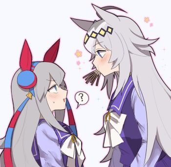 2girls ? ahoge animal_ears blue_eyes blue_hairband blush bow bowtie chocolate closed_mouth ear_covers ear_ornament eye_contact food food_in_mouth glutton grey_hair hair_between_eyes hair_ornament hairband headband highres horse_ears horse_girl long_hair long_sleeves looking_at_another multicolored_hair multiple_girls oguri_cap_(umamusume) open_mouth operajoshi pocky pocky_day pocky_in_mouth purple_sailor_collar purple_shirt purple_skirt red_headband sailor_collar sailor_shirt school_uniform shirt skirt speech_bubble spoken_question_mark striped_clothes striped_hairband tamamo_cross_(umamusume) tracen_school_uniform umamusume upper_body very_long_hair white_bow white_bowtie