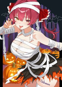 1girl absurdres bandages black_border black_skirt border breasts cleavage cowboy_shot halloween highres hololive houshou_marine kinoshita_niko large_breasts pumpkin red_eyes red_hair skirt solo thighhighs tongue tongue_out twintails virtual_youtuber white_thighhighs yellow_eyes