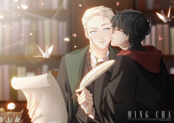 2boys artist_name black_hair black_robe blonde_hair blue_eyes book bookshelf closed_eyes collar draco_malfoy english_text eyebrows_hidden_by_hair eyelashes face-to-face floating floating_object glasses gryffindor hand_on_another's_cheek hand_on_another's_face hand_on_another's_neck harry_potter harry_potter_(series) heart hogwarts_school_uniform holding holding_paper holding_quill hood library looking_at_another male_focus ming_cha multiple_boys origami paper paper_crane parted_lips profile quill raised_eyebrow robe school_uniform shirt short_hair slytherin speech_bubble teeth white_shirt wing_collar wizarding_world yaoi