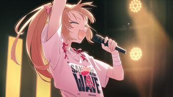 1girl :d arm_up blonde_hair cardamom_kanda closed_eyes clothes_writing commentary fang hair_ornament hand_up holding holding_microphone long_hair microphone music natori_sana official_alternate_costume open_mouth pink_ribbon ponytail print_shirt rabbit_hair_ornament ribbon sana_channel shirt short_sleeves singing smile solo stage stage_lights symbol-only_commentary t-shirt upper_body virtual_youtuber white_shirt