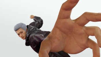 1boy asian black_jacket furrowed_brow grey_hair han_joon-gi highres incoming_attack incoming_grab incoming_punch jacket light_smile looking_at_viewer meme motion_blur outstretched_arm pepe_punch_(meme) punching realistic ryuu_ga_gotoku_(series) ryuu_ga_gotoku_7 short_hair sideburns simple_background smug solo white_background xaqui