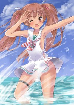 1girl blue_sky breasts brown_eyes brown_hair cloud convenient_censoring dark-skinned_female dark_skin dress feet_out_of_frame kantai_collection kitagawa_mikio libeccio_(kancolle) long_hair looking_at_viewer low-cut_armhole neckerchief one_eye_closed open_mouth panties sailor_dress side-tie_dress sky sleeveless sleeveless_dress small_breasts solo striped_neckerchief twintails underwear wading water