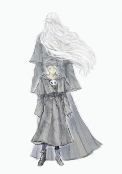 1boy 1girl adventurer_(ff14) akatsukifalls back-to-back black_capelet black_hair black_robe black_shoes capelet drawstring final_fantasy final_fantasy_xiv full_body half_updo height_difference highres long_hair mask mask_around_neck robe shoes short_hair simple_background sophist&#039;s_robe_(ff14) standing unworn_mask venat_(ff14) warrior_of_light_(ff14) white_background white_hair