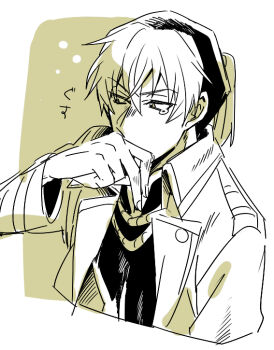 1boy bak_chang border coat collared_coat d.gray-man frown green_background green_theme hair_between_eyes hand_on_own_face hand_up hat hat_ornament iyo_(kurumiwarin) long_sleeves looking_to_the_side male_focus monochrome open_clothes open_coat outside_border shirt short_hair sidelocks solo striped_clothes striped_coat striped_shirt tears vertical-striped_clothes vertical-striped_shirt white_border