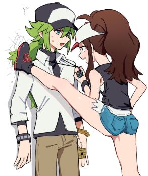 1boy 1girl bangle baseball_cap black_hat black_vest blue_shorts bracelet brown_hair brown_pants collared_shirt commentary_request crack cracked_wall exposed_pocket foot_kabedon hat high_ponytail hilda_(pokemon) jewelry kabedon kuru_(4rfw7) looking_at_another n_(pokemon) nintendo open_mouth pants pokemon pokemon_black_and_white ponytail shirt short_shorts shorts sidelocks sleeveless sleeveless_shirt undershirt vest white_hat white_shirt wristband