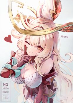 1girl absurdres alice_(genshin_impact) blonde_hair breasts brown_gloves cleavage closed_mouth commentary_request detached_sleeves dress genshin_impact gloves hat highres large_breasts leaning_forward long_sleeves minamo_(edosei_edo) one_eye_closed orange_eyes smile solo strapless strapless_dress watermark witch_hat