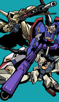 absurdres aeug aiming aiming_at_viewer armor beam_rifle blue_armor energy_gun foreshortening full_body gold_armor gundam gundam_mk_ii highres hyaku_shiki margare mecha mecha_focus mechanical_wings mobile_suit multicolored_armor perspective robot science_fiction v-fin weapon white_armor wings zeta_gundam zeta_gundam_(mobile_suit)