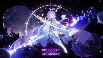 1boy 1girl chinese_commentary commentary_request dress english_text grey_hair hair_over_one_eye halo highres id_card jacket long_hair looking_at_viewer male_rover_(wuthering_waves) moehikaru mornye_(wuthering_waves) purple_dress red_eyes rover_(wuthering_waves) see-through_body sky space star_(sky) starry_sky sword tacet_mark_(wuthering_waves) weapon white_jacket wuthering_waves