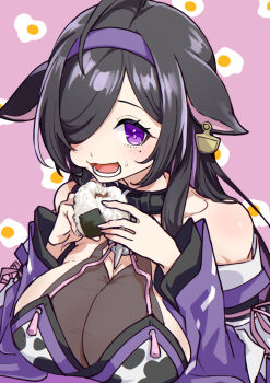 1girl ahoge animal_ears animal_print bare_shoulders belt_collar black_collar black_hair blush braid breasts cheek_bulge cleavage_cutout clothing_cutout collar colored_inner_hair cow_ears cow_girl cow_print detached_sleeves ear_tag eating food food-themed_background food_on_face fried_egg hair_over_one_eye hair_ribbon hairband hashtag-only_commentary highres holding holding_food japanese_clothes kimono large_breasts long_hair long_sleeves looking_at_viewer mole mole_under_eye multicolored_hair nijisanji one_eye_covered onigiri open_mouth parted_bangs pink_background pink_ribbon print_kimono purple_eyes purple_hair purple_hairband purple_sleeves ribbon ribbon-trimmed_sleeves ribbon_trim see-through_cleavage see-through_clothes side_braid sidelocks single_braid smile solo streaked_hair tamaki_(ta_makichi) tassel upper_body upturned_eyes virtual_youtuber wide_sleeves yagyu_shino