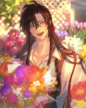 1boy :d absurdres ahoge alternate_costume bishounen black_hair black_overalls blurry blurry_background blush bouquet brown_hair collarbone collared_shirt commentary contemporary day english_commentary fence flower ganen_cheese hair_between_eyes hair_down hair_ribbon half_updo highres holding holding_bouquet long_hair looking_at_viewer male_focus modao_zushi official_alternate_hairstyle open_mouth outdoors overalls pink_flower purple_eyes purple_flower red_flower red_ribbon ribbon shirt sidelocks smile solo sparkle teeth upper_body upper_teeth_only watermark wei_wuxian wei_wuxian_(yiling_laozu) white_flower white_shirt yellow_flower