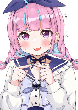 Rule 34 | 1girl, ahoge, anchor hair ornament, anchor symbol, blue choker, blue hairband, blue nails, blue sailor collar, blush, bow, bow hairband, braid, breasts, choker, colored inner hair, frilled sailor collar, frills, hair ornament, hairband, high-waist skirt, highres, hololive, jacket, long hair, long sleeves, looking up, minato aqua, minato aqua (sailor), multicolored hair, official alternate costume, pink hair, purple eyes, ribbon choker, sailor collar, school uniform, short braid, skirt, smile, solo, take108-874, twin braids, two-tone hair, virtual youtuber, white background