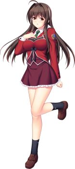 Rule 34 | 1girl, ahoge, black socks, blazer, blush, breasts, brown eyes, brown hair, emblem, frilled skirt, frills, full body, game cg, green necktie, hair intakes, hairband, hand on own chest, highres, jacket, large breasts, large variant set, leg up, loafers, long hair, long sleeves, looking at viewer, maishima yuri, necktie, nerawareta megami tenshi angel tear, non-web source, official art, pleated skirt, school uniform, shirt, shoes, skirt, socks, solo, standing, standing on one leg, transparent background, tsukumo kazuita, variant set, white hairband