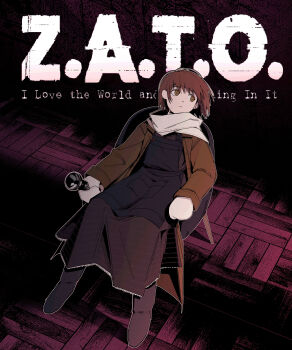 1girl absurdres apron asya_shubina black_apron boots bright_pupils brown_boots brown_dress brown_eyes brown_jacket copyright_logo cover dress expressionless flashlight highres holding holding_flashlight jacket logo looking_to_the_side mittens nopanamaman official_art scarf short_hair solo video_game_cover white_mittens white_pupils white_scarf z.a.t.o._//_i_love_the_world_and_everything_in_it