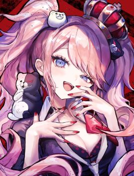 Rule 34 | 1girl, absurdres, bear, bear hair ornament, black choker, bow, breasts, choker, cleavage, commentary request, crown, danganronpa: trigger happy havoc, danganronpa (series), enoshima junko, hair ornament, hand on own chest, highres, looking at viewer, pipi (pipinavigation), red background, teeth, twintails, upper teeth only