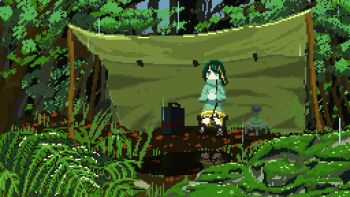1girl animated animated_gif aqua_jacket black_hair blinking camping fern forest highres jacket jitome looping_animation nature original outdoors pixel_art portable_stove puddle rain reflection reflective_liquid sitting solo tent tree yakata348916