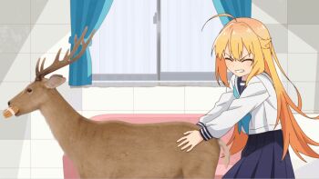 1girl animal_ears animated animated_gif antlers blonde_hair deer deer_antlers deer_ears horns humping koshi_torako school_uniform screencap shikanoko_nokonoko_koshitantan