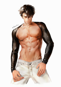 1boy abs black_hair closed_eyes expressionless hand_on_own_hip highres long_sleeves male_focus muscular muscular_male nipples no_shirt omniscient_reader&#039;s_viewpoint pants pectorals roventus short_hair solo spread_legs white_pants yoo_joonghyuk