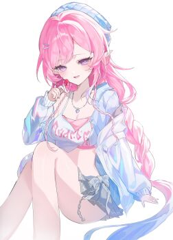 Rule 34 | 1girl, blue jacket, breasts, candy, cleavage, clothes writing, crop top, cyrene (demiurge) (honkai: star rail), cyrene (honkai: star rail), cyrene (nylon japan) (honkai: star rail), diamond-shaped pupils, diamond (shape), food, grey skirt, hashtag-only commentary, heart, heart tattoo, highres, holding, holding candy, holding food, holding lollipop, honkai: star rail, honkai (series), jacket, lollipop, long hair, looking at viewer, medium breasts, midriff, miniskirt, official alternate costume, pink hair, pointy ears, sellfishu, simple background, sitting, skirt, solo, symbol-shaped pupils, tattoo, thighs, very long hair, white background