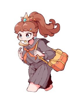 1girl absurdres black_serafuku black_skirt blue_eyes brown_hair crown earrings flower_earrings food_in_mouth highres ioh jewelry long_hair mario_(series) neckerchief nintendo orange_neckerchief ponytail princess_daisy school_uniform serafuku simple_background skirt white_background