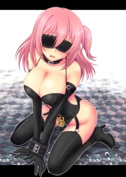 Rule 34 | 1girl, all fours, ankle boots, bare shoulders, bdsm, black boots, black gloves, black thighhighs, blindfold, blush, bondage, bondage outfit, boots, bound, bound wrists, breasts, buckle, checkered floor, choker, cleavage, collar, collarbone, commentary request, elbow gloves, facing viewer, female focus, garter straps, gloves, high heel boots, high heels, junrei (nyorori), kneeling, large breasts, leaning forward, letterboxed, lock, medium hair, nyorori (tatsutaage), one side up, open mouth, original, outline, outside border, padlock, pink hair, sitting, slave, solo, tears, thighhighs, white outline