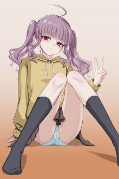 1girl ahoge ass black_socks blue_panties blunt_bangs blush cameltoe closed_mouth commentary eyelashes gradient_background highres hood hood_down hoodie invisible_floor kneehighs long_hair looking_at_viewer mustee no_shoes on_floor original panties pantyshot pink_eyes pleated_skirt purple_hair sidelocks simple_background sitting skinny_legs skirt smile socks solo twintails underwear v variant_set wavy_hair yellow_hoodie