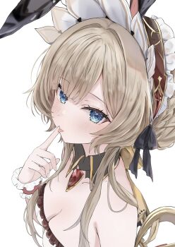 1girl animal_ears bare_shoulders blue_eyes braid breasts brown_hair bun_with_braided_base cleavage closed_mouth fake_animal_ears finger_to_mouth from_above genshin_impact hand_up highres index_finger_raised looking_at_viewer maruro rabbit_ears sandrone_(genshin_impact) short_hair_with_long_locks simple_background solo tongue white_background