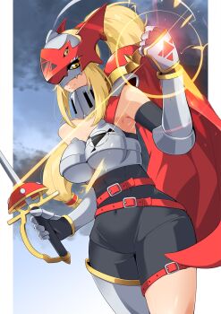 Rule 34 | 1girl, armor, breasts, cape, cleavage, commentary request, digimoji, digimon, digital hazard, dukemon, gamiani zero, genderswap, genderswap (mtf), helmet, highres, holding, holding weapon, humanization, knight, large breasts, long hair, ponytail, red cape, simple background, solo, weapon, white armor, white helmet, yellow eyes