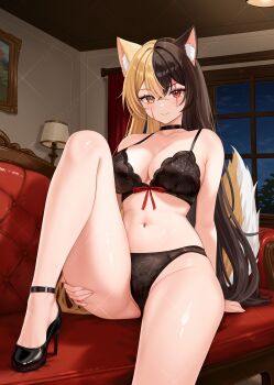 1girl absurdres animal_ears bare_arms bare_legs bare_shoulders bibixart black_bra black_choker black_hair black_panties black_shoes blonde_hair bra breasts chaise_longue choker cleavage closed_mouth collarbone commentary commission couch dog_ears dog_girl dog_tail english_commentary hair_between_eyes hand_on_own_ass high_heels highres indie_virtual_youtuber indoors knee_up kwang_hulu large_breasts lingerie long_hair looking_at_viewer multicolored_hair navel on_couch panties red_eyes red_ribbon ribbon scar scar_across_eye scar_on_face shoes smile solo split-color_hair stomach string_bra tail thighs two-tone_hair underwear underwear_only v-shaped_eyebrows very_long_hair virtual_youtuber yellow_eyes