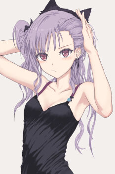 1girl animal_ear_hairband animal_ears bang_dream! bang_dream!_girls_band_party! bare_shoulders black_camisole breasts camisole cat_ear_hairband cat_ears cleavage collarbone commentary fake_animal_ears forehead grey_background hairband highres light_frown looking_at_viewer pink_eyes purple_hair simple_background small_breasts solo twintails tying_hair udagawa_ako upper_body v-shaped_eyebrows yukitake_(bullfalk)