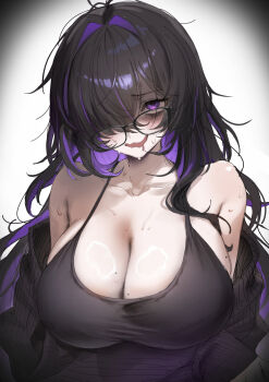 1girl absurdres bags_under_eyes bare_shoulders black-framed_eyewear black_cardigan black_dress black_hair blush breasts cardigan cardigan_partially_removed cleavage collarbone colored_inner_hair commentary_request dress drooling glasses goddess_of_victory:_nikke hair_over_one_eye highres huge_breasts label_(nikke) large_breasts long_hair looking_at_viewer mole mole_on_breast mouth_drool multicolored_hair open_mouth purple_eyes purple_hair purple_streaks smile solo sweat two-tone_hair very_long_hair yufou