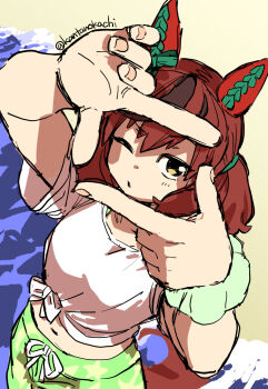 1girl animal_ears blush bow breasts brown_eyes brown_hair ear_bow ear_covers ear_ornament ear_ribbon green_bow highres horse_ears horse_girl horse_tail long_hair long_sleeves looking_at_viewer medium_hair multicolored_hair navel nice_nature_(umamusume) okachi open_mouth shirt solo streaked_hair tail twintails umamusume