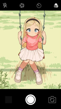 1girl absurdres black_hairband blonde_hair blush_stickers female_focus full_body grass hairband highres knees_together_feet_apart long_hair looking_at_viewer original outdoors pink_shirt purple_socks shirt short_sleeves socks solo swing very_long_hair viewfinder white_footwear yokappa_(jokappa)
