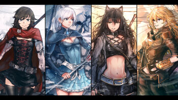 4girls abs advarcher alternate_costume animal_ears belt blake_belladonna breasts cat_ears cleavage combination_weapon compilation corset crescent_rose ember_celica_(rwby) gambol_shroud highres multiple_girls myrtenaster navel pistol_sword ruby_rose rwby siblings sisters sunglasses thighhighs weiss_schnee yang_xiao_long