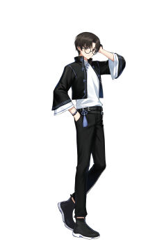 1boy absurdres belt black-framed_eyewear black_belt black_eyes black_hair black_jacket black_pants black_shoes closed_mouth closers full_body glasses hand_in_pocket hand_on_own_head hand_up heel_up highres jacket looking_at_viewer male_focus mandarin_collar official_art open_clothes open_jacket pants parted_bangs round_eyewear seha_lee shirt shoes short_hair smile solo standing tachi-e teardrop-framed_glasses white_background white_shirt wide_sleeves