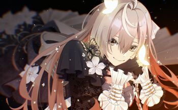 1girl ahoge artist_name black_dress blurry brown_eyes brown_hair bug butterfly commentary depth_of_field dress english_commentary glowing_butterfly hair_between_eyes highres insect klara_charmwood klara_charmwood_(2nd_costume) looking_at_viewer nijisanji nijisanji_en smile solo virtual_youtuber yakira00