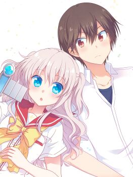 Rule 34 | 1boy, 1girl, black hair, blue eyes, bow, brown eyes, camcorder, camera, charlotte (anime), clip studio paint (medium), commentary request, grey hair, highres, holding, holding camera, hoshinoumi academy school uniform, kousetsu, long hair, looking at viewer, otosaka yuu, red sailor collar, sailor collar, school uniform, serafuku, short hair, short sleeves, simple background, summer uniform, tomori nao, triangle mouth, two side up, upper body, video camera, wavy hair, white background, yellow bow